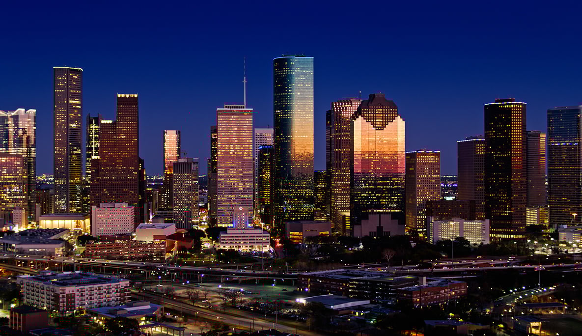 Drone Shot of Downtown Houston, Texas at Night