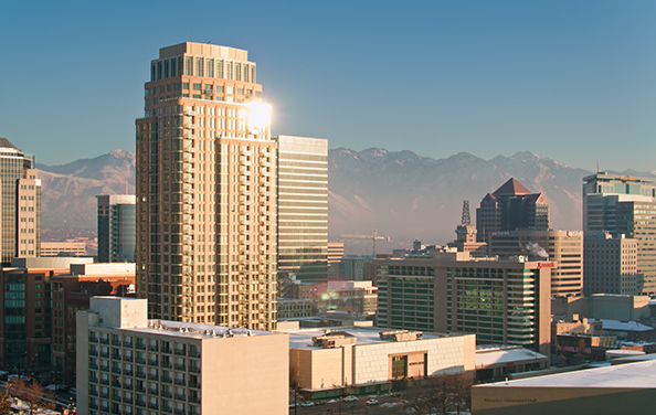 Low Winter Sunlight on Towers in Salt Lake City Aerial