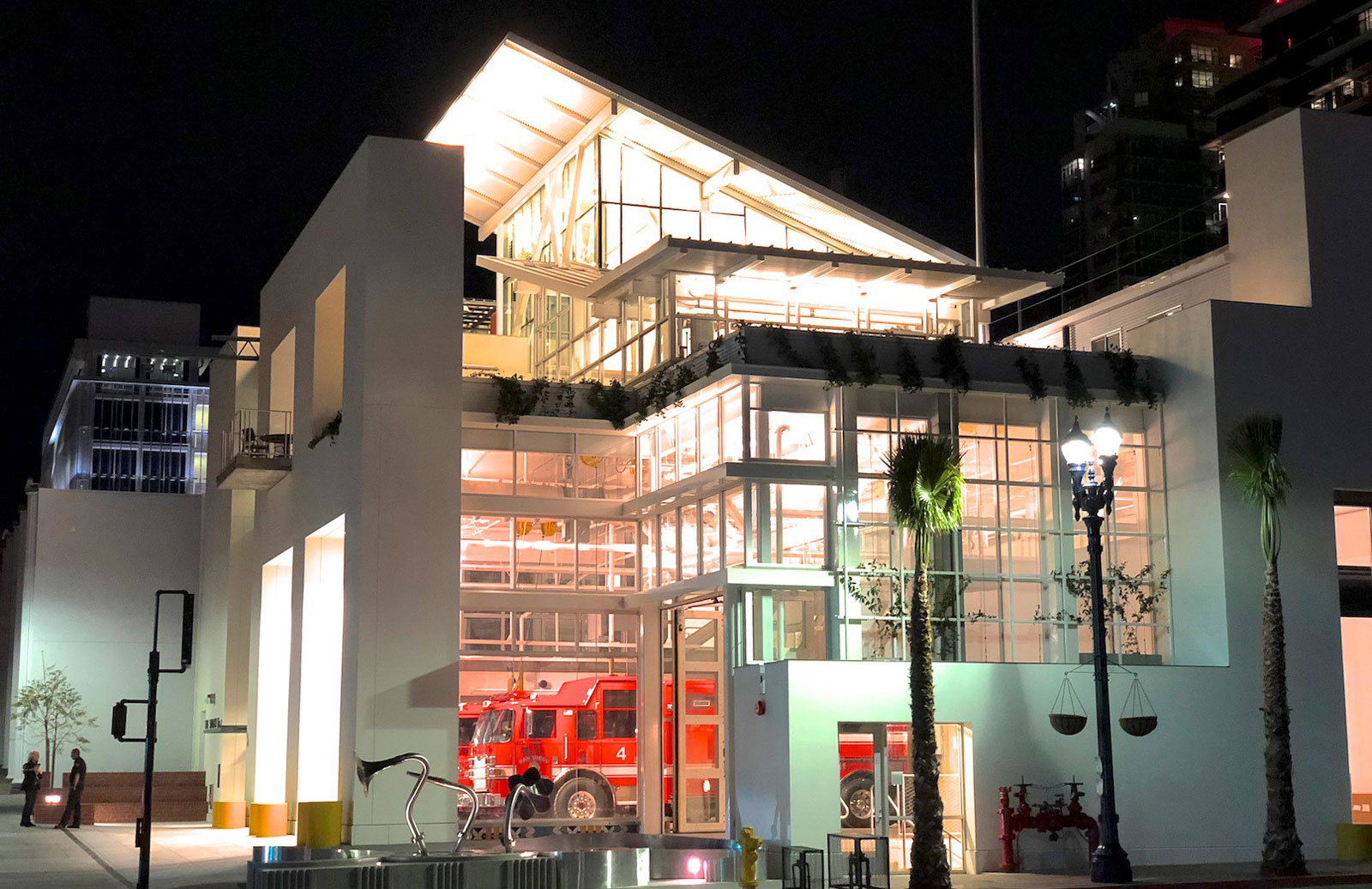 bayside fire station exterior at night